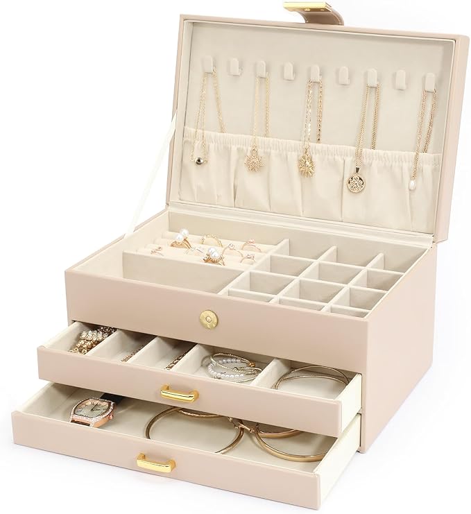Jewelry Box, 3-Tier with 2 Drawers, Beige, Modern, Women's Jewelry Organizer by V-LafuyJewelryBox