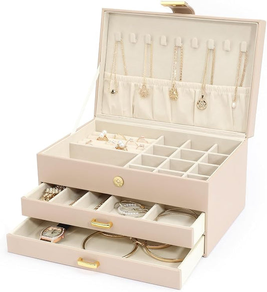 Jewelry Box, 3-Tier with 2 Drawers, Beige, Modern, Women's Jewelry Organizer by V-LafuyJewelryBox