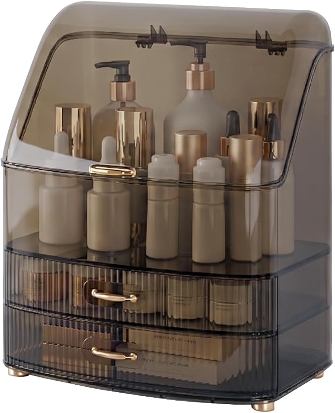 Makeup Organizer Countertop Vanity with Transparent Lid Drawers Waterproof Dustproof Cosmetic Skincare Bathroom Storage Gift for Women Teens Girls (Clear Black) by Unknown
