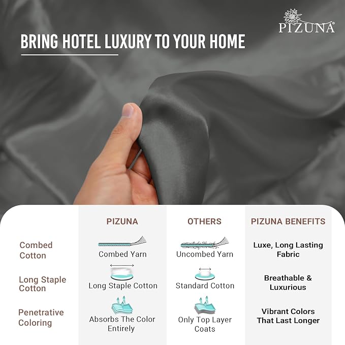 Pizuna Pure 100% Cotton Queen Size Sheet Set Dark Grey, Luxurious 400 Thread Count Long Staple Cotton Sateen Sheets with 15" Deep 2 Extra Pillowcase (Combed Cotton Bed Sheet Set) - Image 5