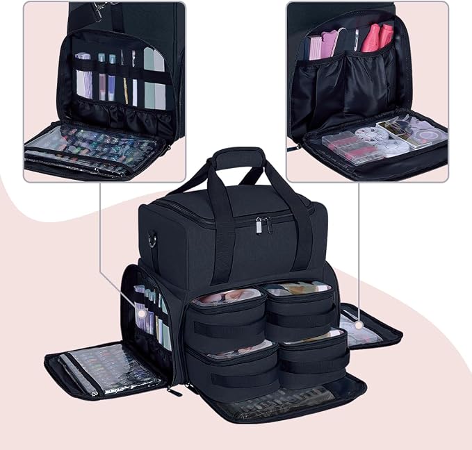 Large Makeup Bag Double Layer with 4 Removable Case,Black | Large Makeup Bag with 4 Removable Case and 2 Removable Dividers Double Layer Travel Cosmetic Makeup Brushes Storage Section - Image 5