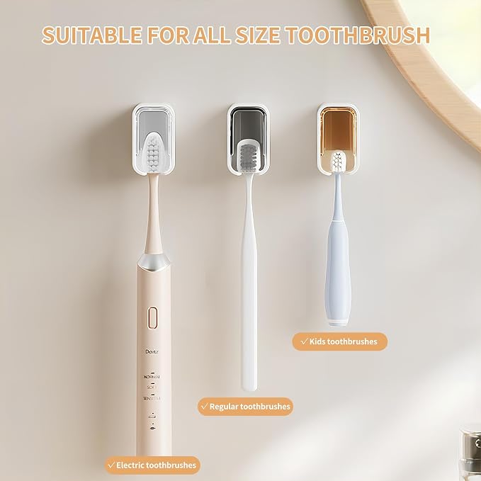 Wall Mounted Toothbrush Holders for Bathroom,Strong Self Adhesive Tooth Brush Holder with Cover, Toothbrush Heads Organizer for Family, 3 Pcs Clear White - Image 2