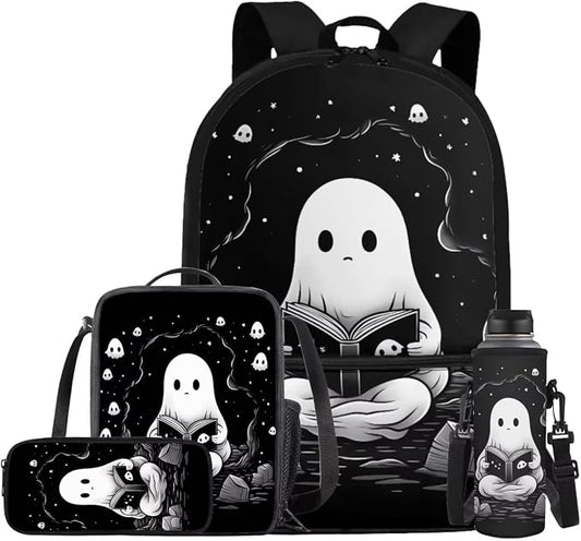 Ghost Backpack for Boys Girls Backpack with Lunch Box Water Bottle Holder and Soft Pencil Case 4PCS Set Bookbag with Front Pocket for School Teens 17 inch Large Capacity School Bag for Kids by ELEDIZI