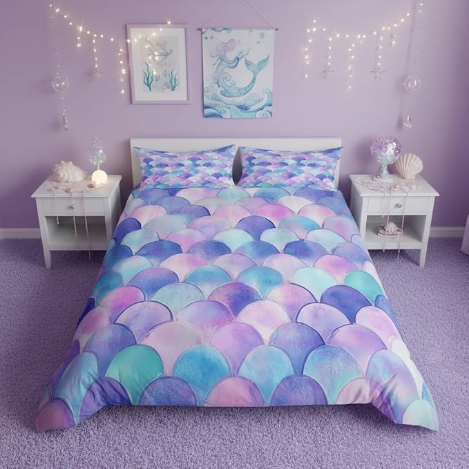 Erosebridal Fish Scales Duvet Cover King Size Girls Boys Kids Pink Purple Blue Mermaid Scales Pattern Comforter Cover for Adult Women Bedroom Decor Soft Bedding Set Ocean Theme Colorful Bedspread - Image 5