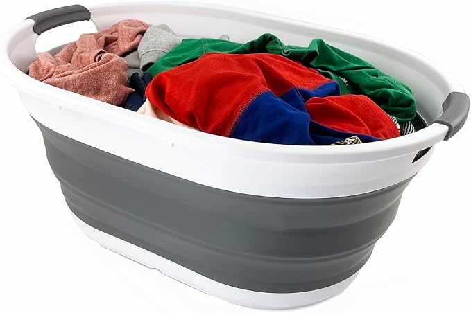 SAMMART 39L (10.3 gallons) Collapsible Plastic Laundry Basket - Foldable Washing Tub - Easy Storage & Pop Up Saving (White/Steel Grey(Set of 2)) - Image 6