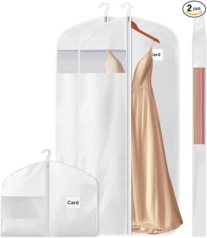 2 Pcs 58" 100% Organic Cotton Garment Bags for Hanging Clothes and Storage, Breathable Clothes Covers with Viewing Window and Card Pocket for Short Dresses, Jackets, Suits by Ribbonlic