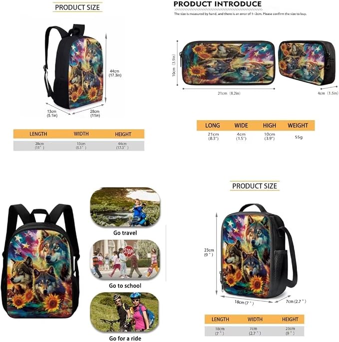 Mumeson Wolf American Flag Backpacks Set 3 Pack Big Capacity Bookbag Schoolbags Rucksack with Lightweight Insulated Lunch Bag Mini Pencil Case,Lightweight Backpack Set for Kids Student - Image 5