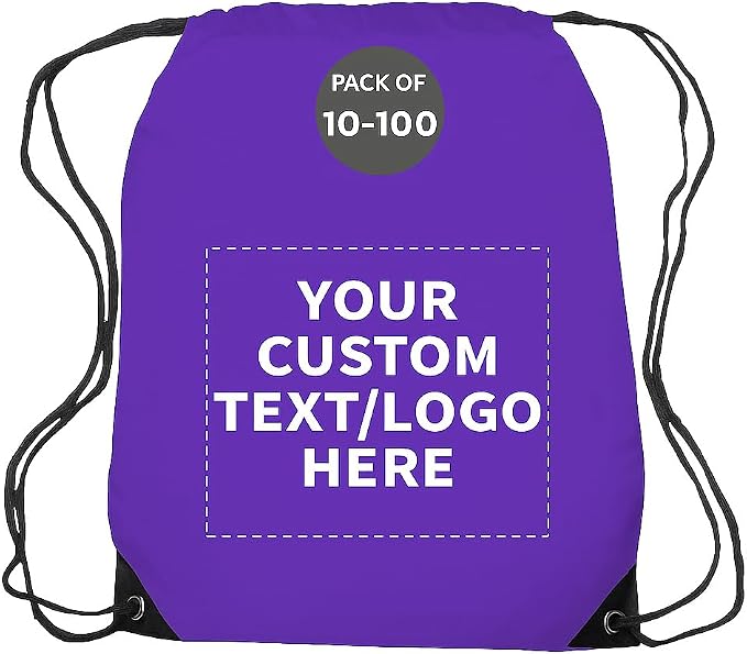 DISCOUNT PROMOS Custom Black Trim Drawstring Backpacks Set of 10/50/100, Personalized Bulk Pack - Gym Bag, Soccer Shoes, Water Resistant - Purple by DISCOUNTPROMOS
