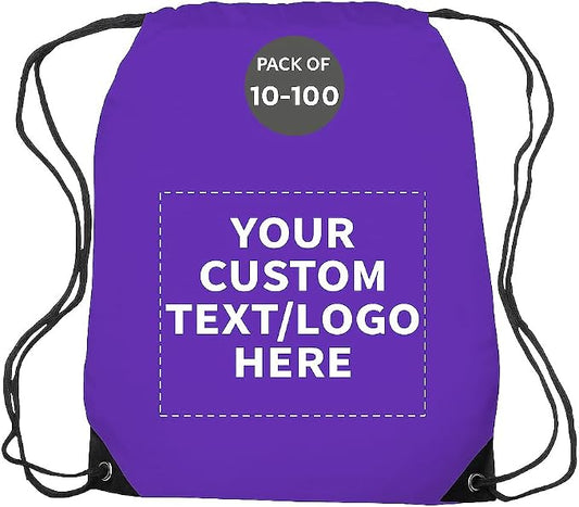 DISCOUNT PROMOS Custom Black Trim Drawstring Backpacks Set of 10/50/100, Personalized Bulk Pack - Gym Bag, Soccer Shoes, Water Resistant - Purple by DISCOUNTPROMOS