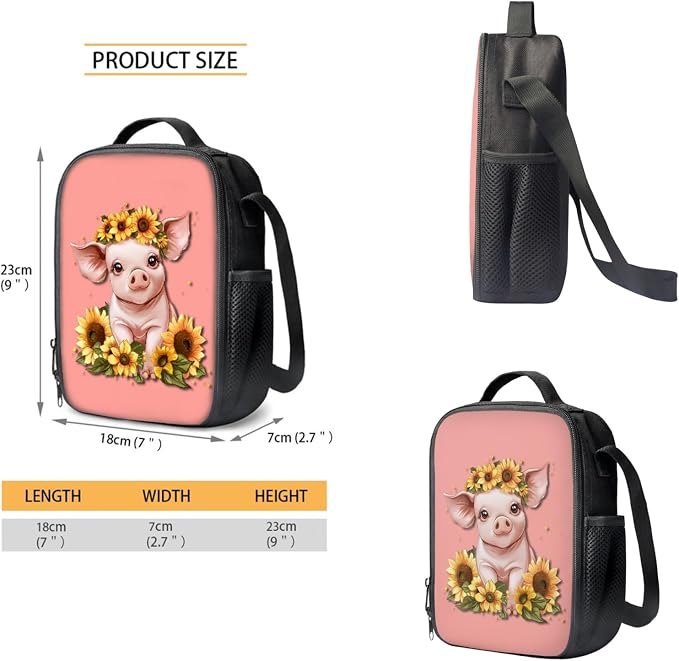 Coloranimal 3Pcs Sunflower Pig Backpack Set School Backpack for Middle Elementary Students School Bag with Small Insulated Lunch Bag Pencil Case - Image 3