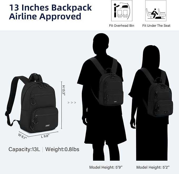 HanTrip Carry On Travel Backpack For Men Women, 13 Inch Small Mini Work Bag Personal Item Backpacks, Camping Back Pack Lightweight Hiking Daypack For Office Nurse Commuter (Black) - Image 2