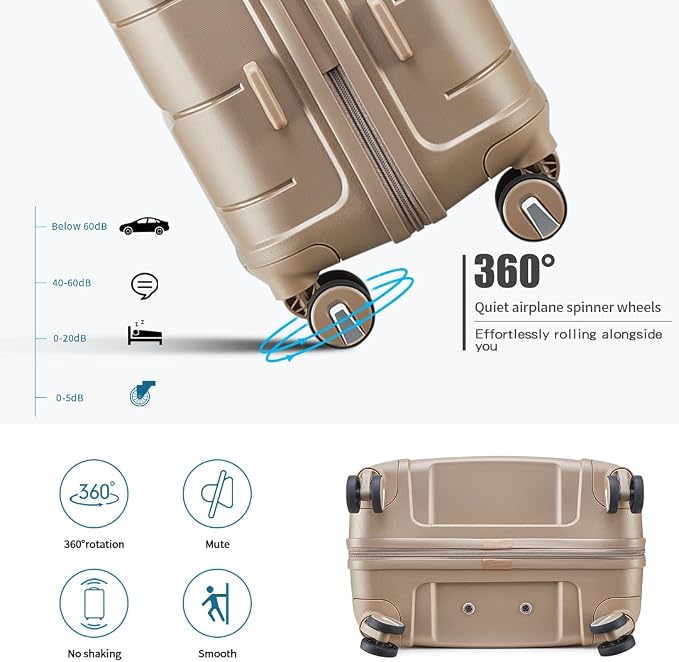 Somago Luggage Sets 3 Piece Hard Shell Polypropylene Suitcase with TSA Lock Spinner Carry On Luggage with Beauty Case Travel Set,Noble Golden - Image 4