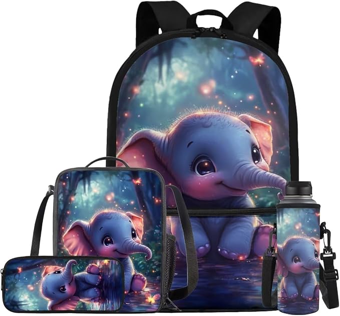 Cute Elephant Backpack for Kids Girls Backpack with Lunch Box Water Bottle Holder with Strap and Soft Pencil Case 4PCS Set Elementary Bookbag with Front Pocket 17 inch Sturdy School Bag by ELEDIZI