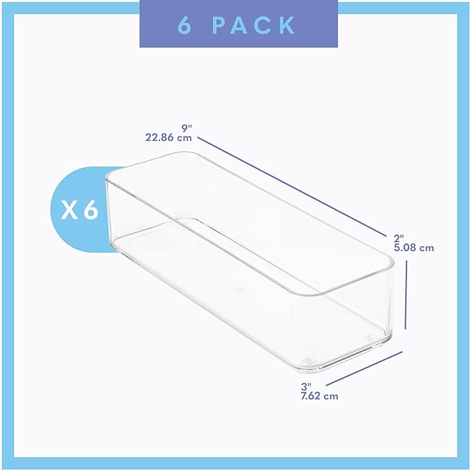 primebox Plastic Clear Drawer Organizers. Bathroom, Kitchen, Bedroom, Jewelry, Office Organizer Bins, Storage Trays. Heavy Duty, Stackable. 9" x 3" x 2" Set of 6 - Image 4