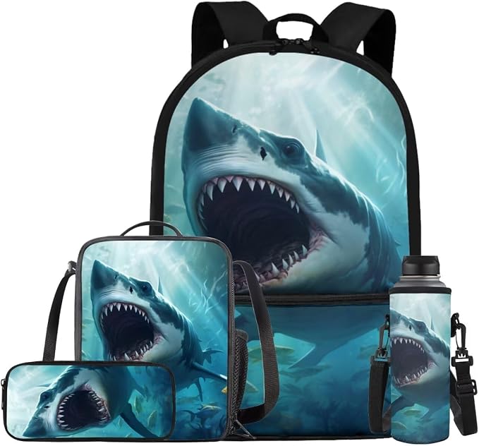 Shark Backpack for Boys Kids Backpack with Lunch Box Water Bottle Carrier with Strap and Soft Pencil Case 4PCS Set Bookbag with Front Pocket for School Teens 17 inch Large Capacity School Bag by ELEDIZI