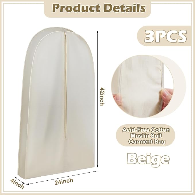 3 Pcs 42 Inch Acid Free Cotton Muslin Suit Garment Bag Long Dress Suit Storage Box Closet Organizer for Suits, Coats, Travel Bag - Image 2