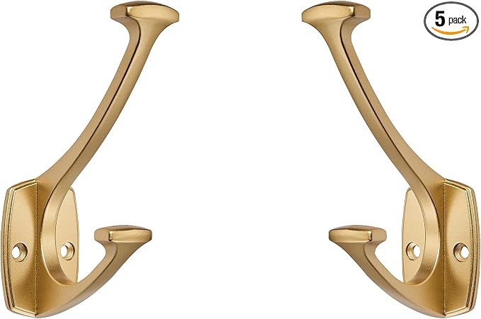 5 Pack Brushed Gold Hooks Decorative Heavy Duty Solid Large Coat Hooks for Towel Hanging Coats Robe Wall Mounted Towel Bags Door Back Bathroom Wall Hook. by ZAUYX