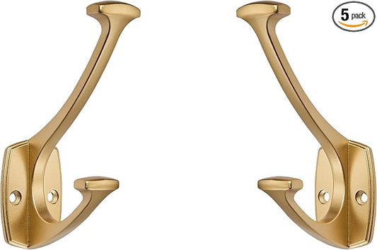 5 Pack Brushed Gold Hooks Decorative Heavy Duty Solid Large Coat Hooks for Towel Hanging Coats Robe Wall Mounted Towel Bags Door Back Bathroom Wall Hook. by ZAUYX