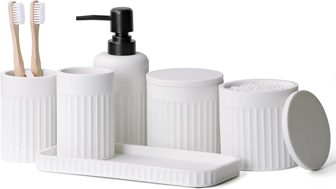 INIUNIK Bathroom Accessory Set - 6 Pieces Bathroom Accessories Set Complete with Soap Dispenser, Toothbrush Holders, Tumbler, Vanity Tray and 2 Qtip Holder for Home Organizer and Decor, White by INIUNIK