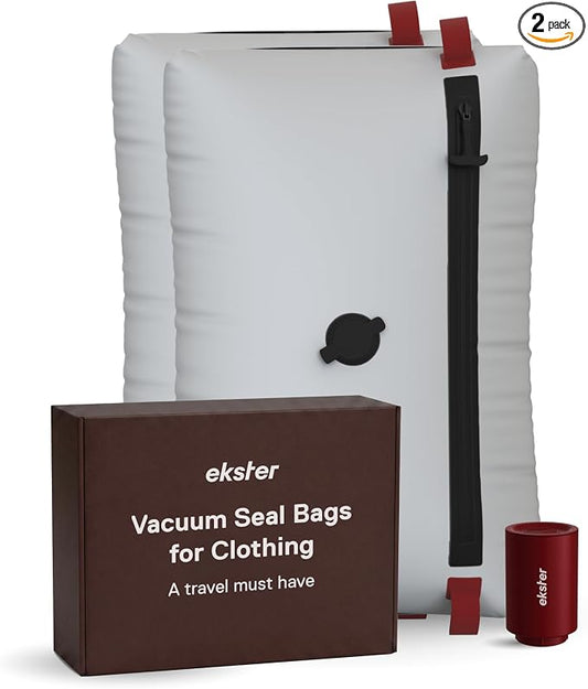 Ekster TravelPack Vacuum Kit Plus – Vacuum Seal Bags for Clothing Travel with Electric Air Pump, Compression Packing Cubes Alternative, Space Saver, Fits 10+ Days | Travel Essentials 2026-2 Pack by ekster