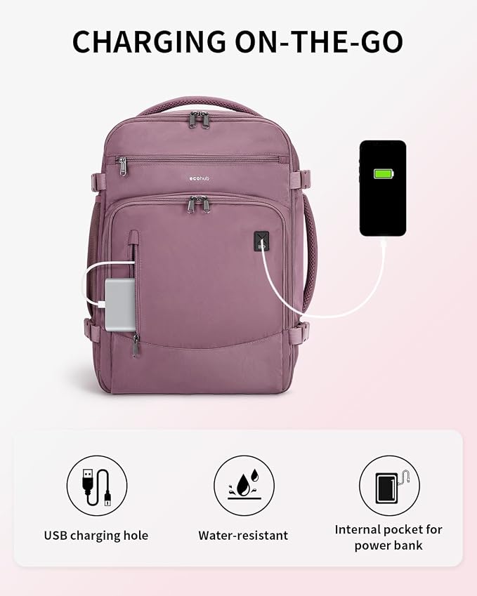 ECOHUB Travel Backpack for Women, 18x14x8 Frontier Airlines Personal Item Bag with Clear Toiletry Bag, Laptop Carry on Backpack with USB Port, Airline Approved Under Seat 14 Pockets 30L, Pink - Image 7