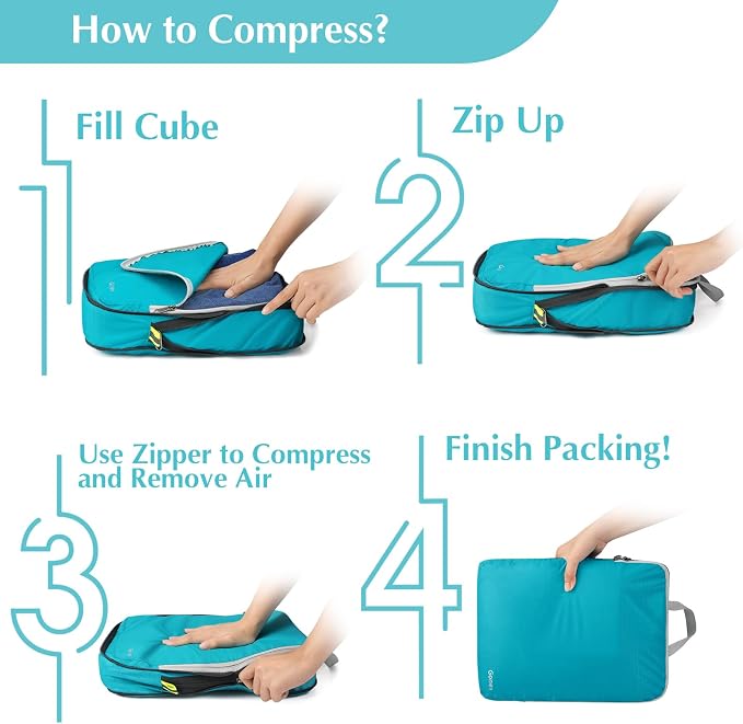 Gonex Compression Packing Cubes, 4pcs Expandable Storage Travel Luggage Bags Organizers (Blue) - Image 7