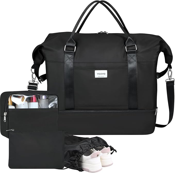 Voova Weekender Bags for Women, Large Travel Duffle Bag for Personal Item Travel with Shoes Compartment, Carry On Overnight Bag with Toiletry Bags 4 Pack Set for Men, Gym, Hospital, Yoga (Black) by Voova
