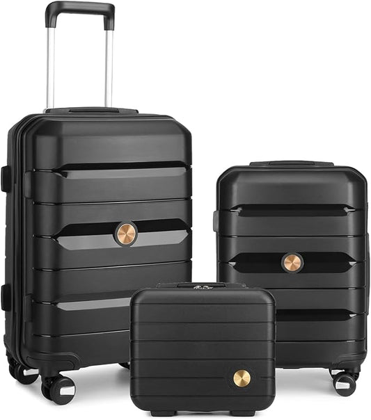 Somago Luggage Sets 3 Piece Hard Shell Polypropylene Suitcase with TSA Lock Spinner Carry On Luggage with Beauty Case Travel Set,Classic Black by SOMAGO