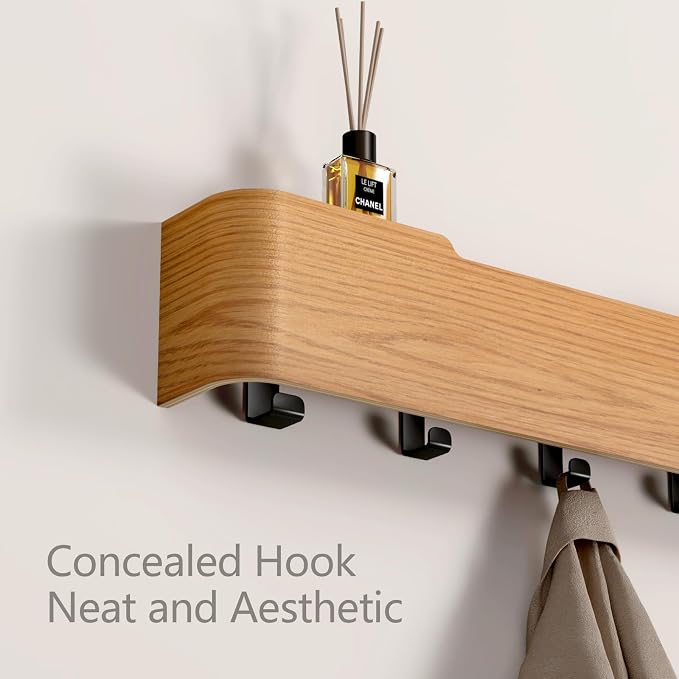 Wall Mounted Coat Rack with Shelf, Wooden Entryway Organizer with Hidden Metal Hooks for Hanging Coats Bags Keys, Modern Floating Shelf for Hallway Bathroom - Image 4