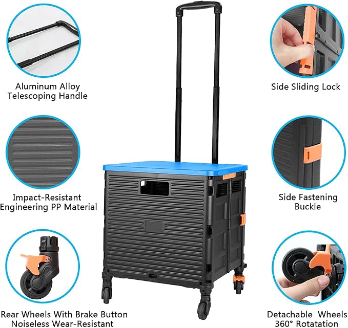 FELICON SELORSS Foldable Utility Cart Folding Portable Rolling Crate-Blue | Heavy Duty,Telescoping Handle,4 Rotate Wheels,Collapsible Handcart for Travel Shop Move Luggage Laundry Teacher Office Use - Image 2