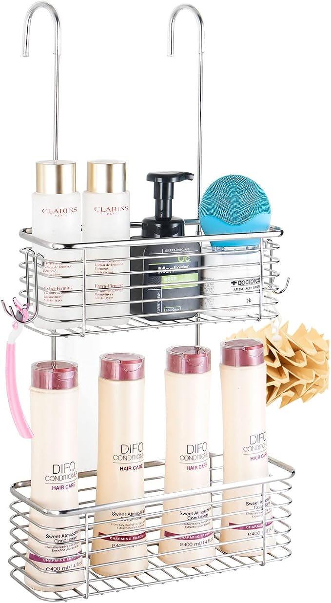 YQh Stainless steel double-layer shower rack, shower room hanging bathroom organizer, storage rack installed on the hanging bar or door, can store shampoo, hair conditioner, shower gel by YQh