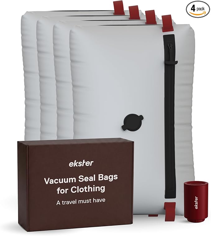 Ekster TravelPack Vacuum Kit Plus – Vacuum Seal Bags for Clothing Travel with Electric Air Pump, Compression Packing Cubes Alternative, Space Saver, Fits 10+ Days | Travel Essentials 2026-4 Pack by ekster