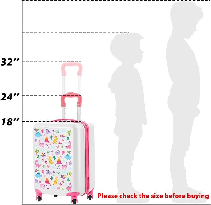 Redbaker 6 Pcs Kids Luggage Set, 17 Inch Rolling Suitcase with Backpack Lunch Bag Neck Pillow, Pink Dinosaur Travel Set for Summer Vacation Sleepover Back to School Gift - Image 3