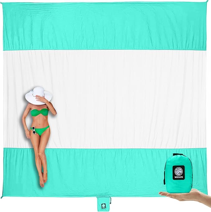 WEKAPO Beach Blanket Sandproof Waterproof, Extra Large Beach Mat, Oversized & Compact Sand Free, Quick Drying Beach Essentials for Vacation, Cruise, Picnic & Camping with Stakes by Wekapo