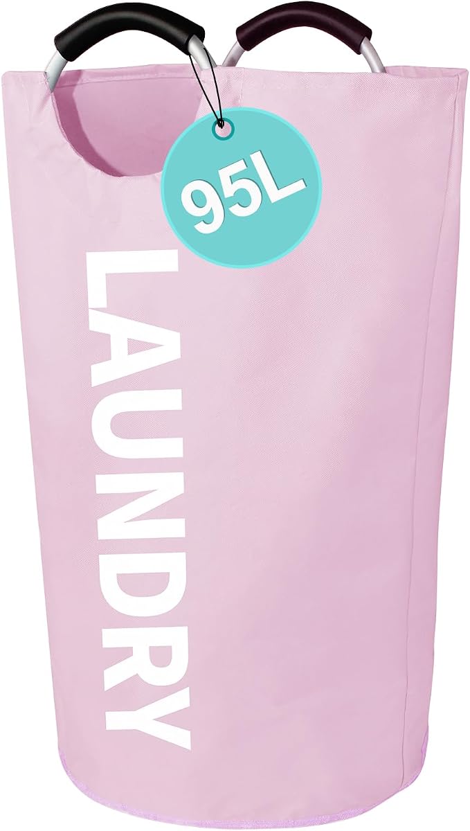 WOOHA 95L Large laundry basket,Collapsible laundry hamper, Tall Clothes Baskets Folding Washing Bin Foldable Fabric Hamper Bags for Bedroom, Closet,Bathroom,College,laundry bag,pink by WOOHA