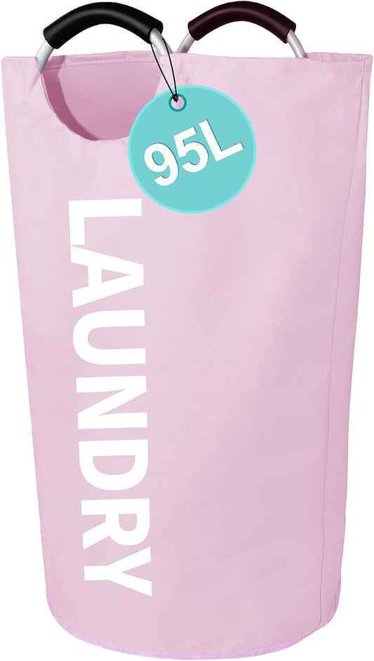 WOOHA 95L Large laundry basket,Collapsible laundry hamper, Tall Clothes Baskets Folding Washing Bin Foldable Fabric Hamper Bags for Bedroom, Closet,Bathroom,College,laundry bag,pink by WOOHA