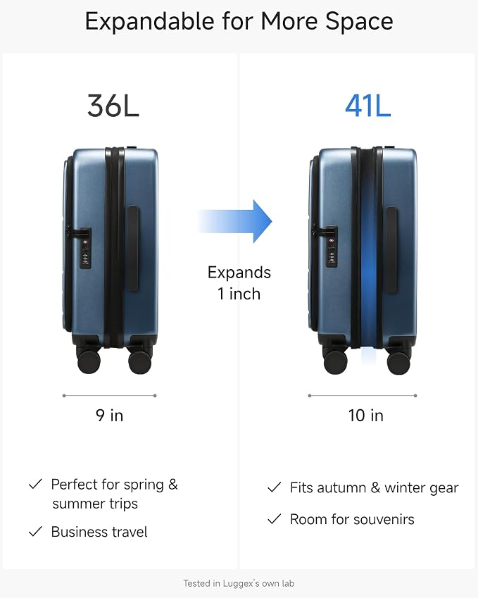 LUGGEX Carry On Luggage Top Opening, Expandable Polycarbonate Hard Shell Suitcase with Wheels (FX-Core, Blue, 20 Inch, 36L-41L) - Image 4