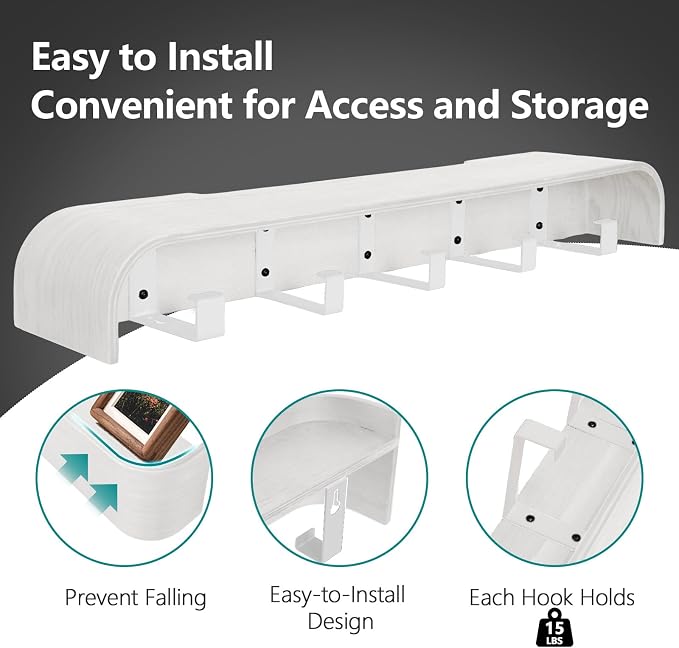 Coat Rack Wall Mount with Hidden Hooks Modern Key Holder Wood Entryway Hook with Shelf for Bedroom Kitchen Hallway Bathroom Designed for Hanging Coats Hats Bags Towels Dog Leashe(White,5 Hooks) - Image 4