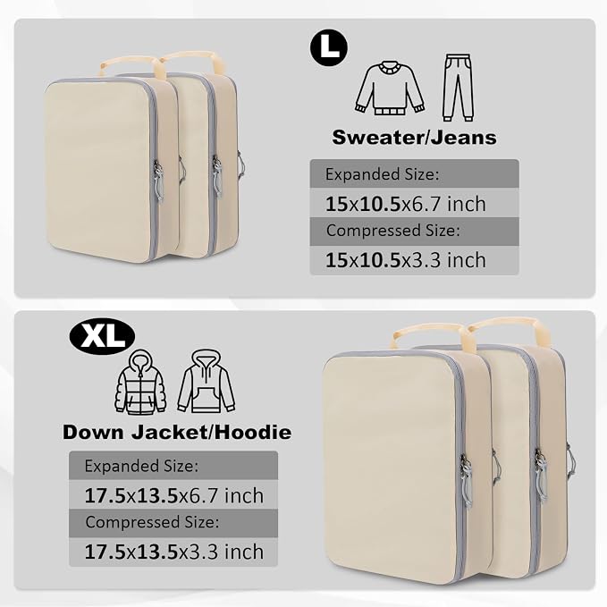 Extra Large Compression Packing Cubes for Travel Essentials, 2 Set Expandable Travel Cubes for Packing Compression Bags Luggage Suitcase Organizer, Cream - Image 2