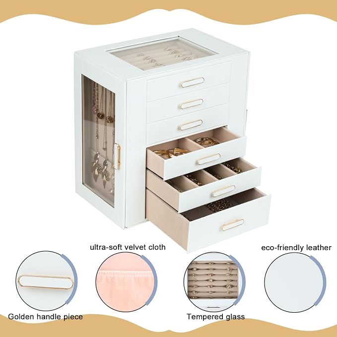 BOOVO Clear Lid Jewelry Box,6 Layers Jewelry Organizer Large Jewelry Storage Box with 6 Drawers,Jewelry Holder Organzier of Rings Earrings Necklace Bracelets for Women (White, 6 Layer) - Image 3