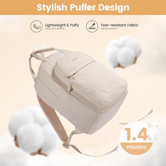 LOVEVOOK Laptop Backpack for Women, College Travel Backpack Puffer Womens Backpack for 15.6 Inch Laptop, Computer Water-Resistant Quilted Casual Daypack, Beige - Image 4