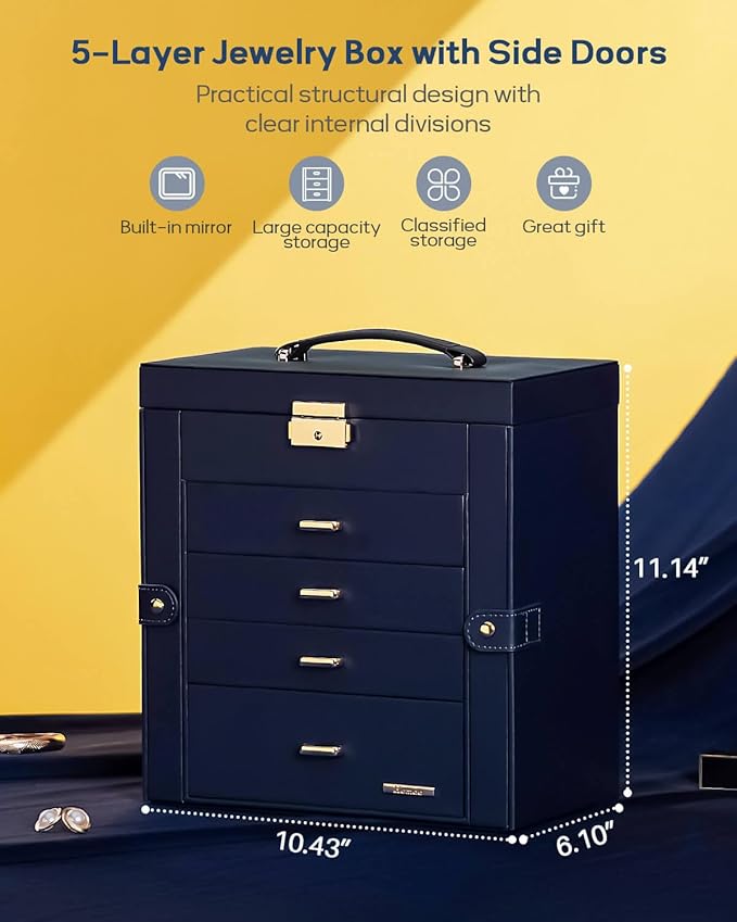 Homde Synthetic Leather Huge Jewelry Box Mirrored Watch Organizer Necklace Ring Earring Storage Lockable Gift Case (Dark Blue + Gold) - Image 2