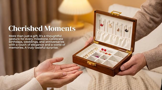 Solid Black Walnut Jewelry Box with Lock and Key Large Capacity Vintage Wooden Organizer for Women and Men Ring Necklace Earring Cufflink Storage Removable Dividers Gift for Christmas - Image 9