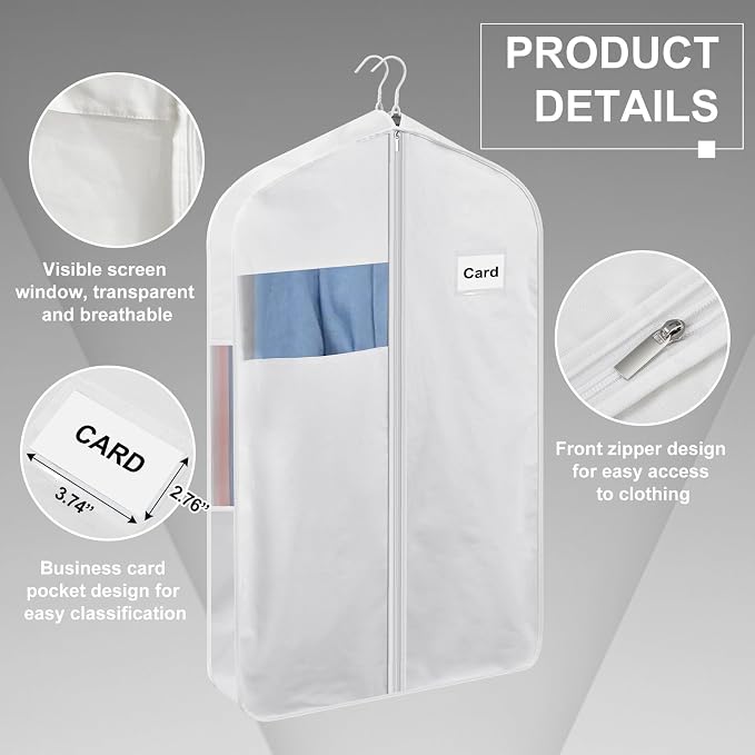 40" 100% Organic Cotton Garment Bags for Hanging Clothes and Storage, Breathable Clothes Covers with Viewing Window and Card Pocket for Short Dresses, Jackets, Suits - Image 2