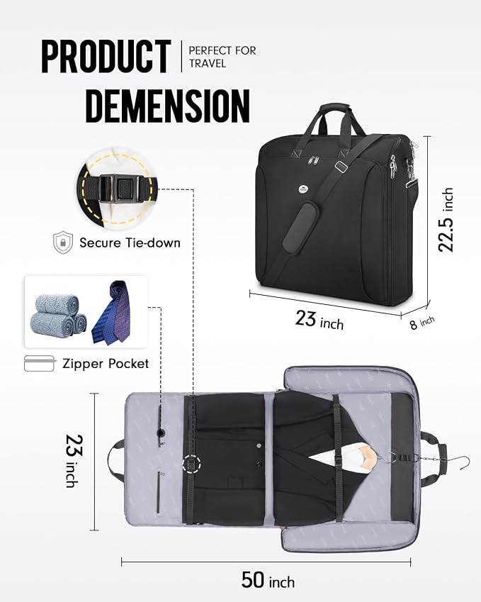 MATEIN Garment Bags for Travel, Large Double Layer Suit Bag Up to 6 Suits | Foldable Carry On Garment Luggage, Convertible Business Suitcase, For Hanging Clothes, For Men Women, Shoulder Strap, Black - Image 6