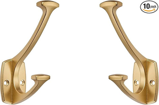 10 Pack Brushed Gold Hooks Decorative Heavy Duty Solid Large Coat Hooks for Towel Hanging Coats Robe Wall Mounted Towel Bags Door Back Bathroom Wall Hook. by ZAUYX