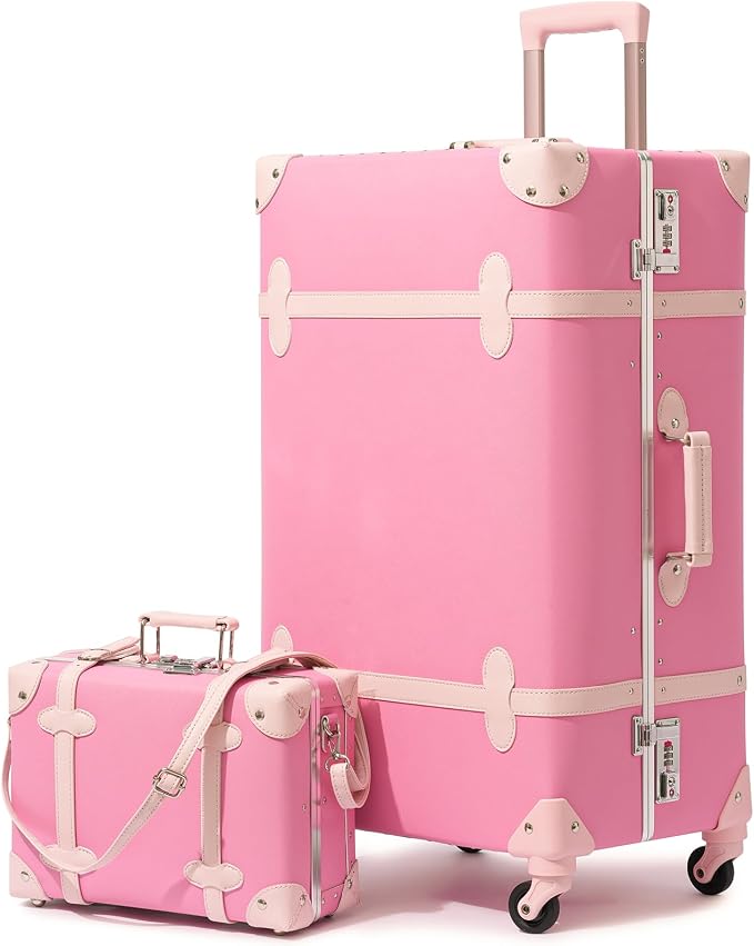 urecity 26" Vintage Luggage Set, 2 Piece Bubblegum Pink Retro Checked Suitcase with Cosmetic Case, Luxury Vegan Leather Aluminum Frame Spinner Trunk for Women (with Protective Clear Cover) by urecity