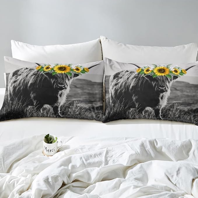 Highland Cow Duvet Cover Twin Size Bull Cattle Flower Bedding Set Yellow Sunflower Western Funny Animal Cow Print Comforter Cover Wild Animal Farmhouse Cow Bedding Collections, with 1 Pillowcase - Image 5