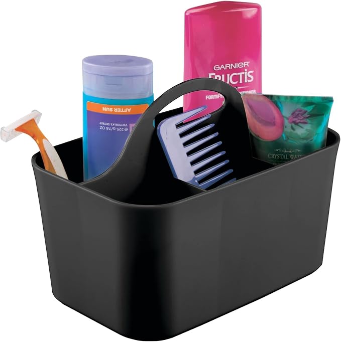 mDesign Small Plastic Shower/Bath Storage Organizer Caddy Tote with Handle for Dorm, Shelf, Cabinet - Hold Soap, Shampoo, Conditioner, Combs, Brushes, Lumiere Collection, Black - Image 8
