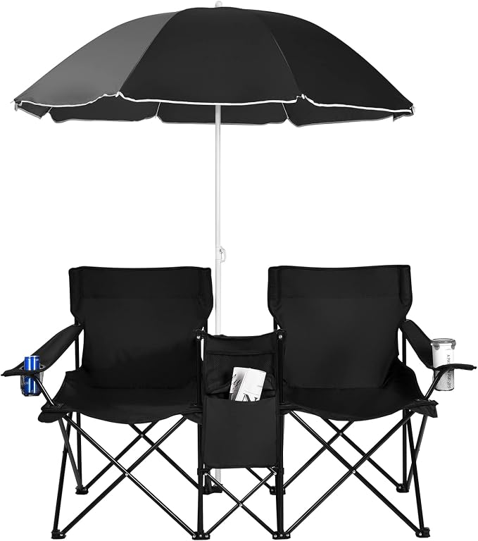 Goplus Double Camping Chair with Umbrella, Folding Loveseat Chairs w/Canopy Shade, Carrying Bag, Table, Cup Holder, Portable Beach Chairs Outdoor Picnic Patio (Black) by Goplus